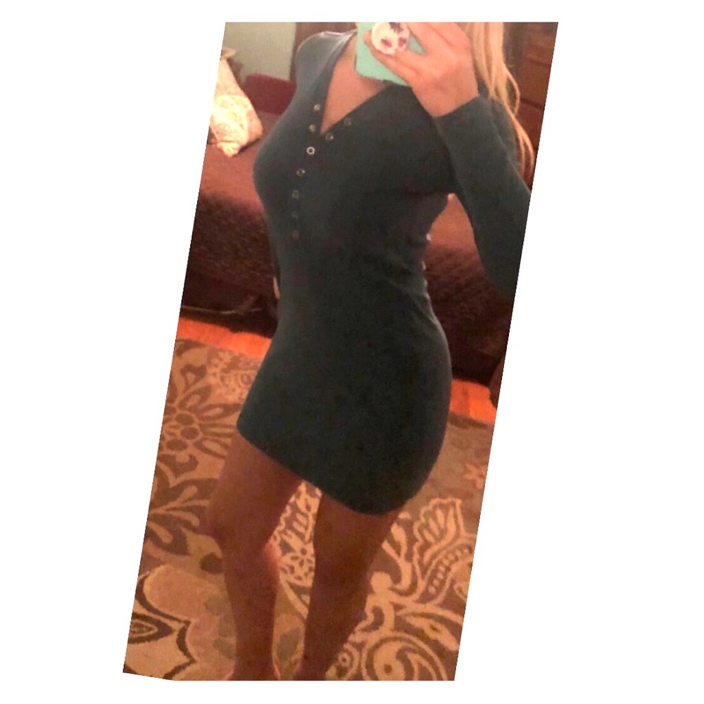 Long sleeved teal Henley dress with button neck